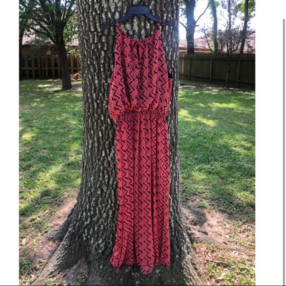 Pink and blue geometric print cami maxi dress